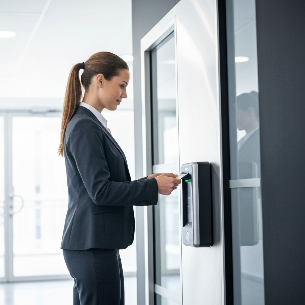 Employee scanning ID badge at access point