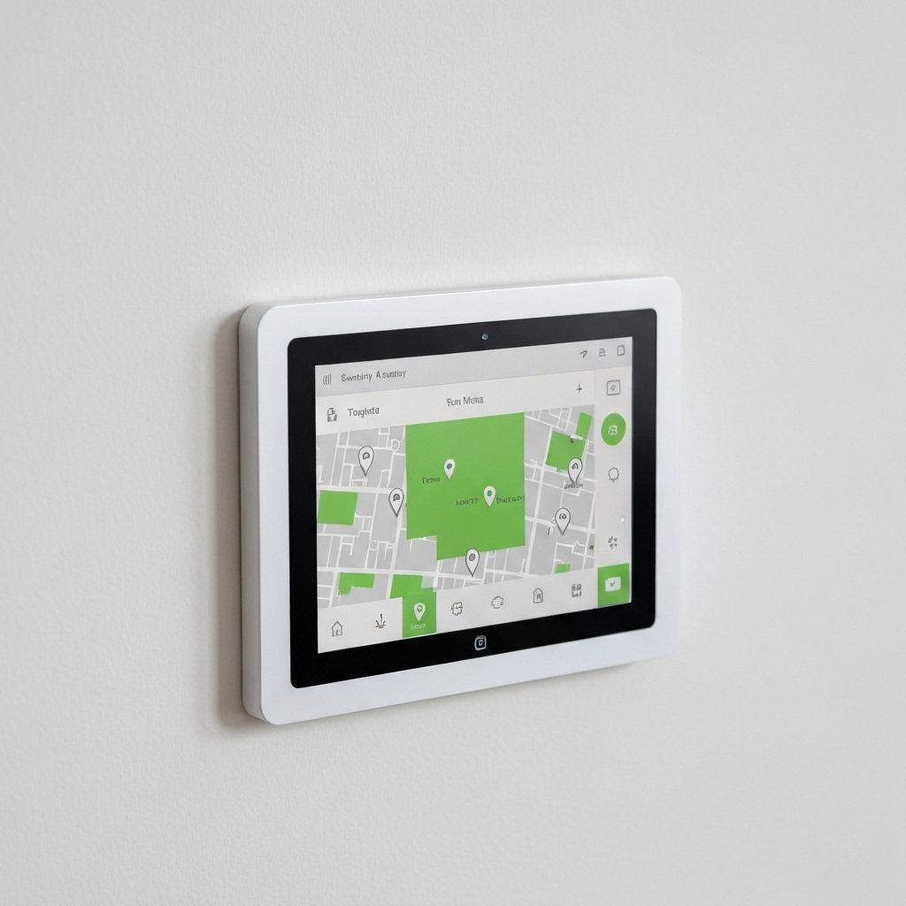 Home security alarm panel with touchscreen mounted on wall